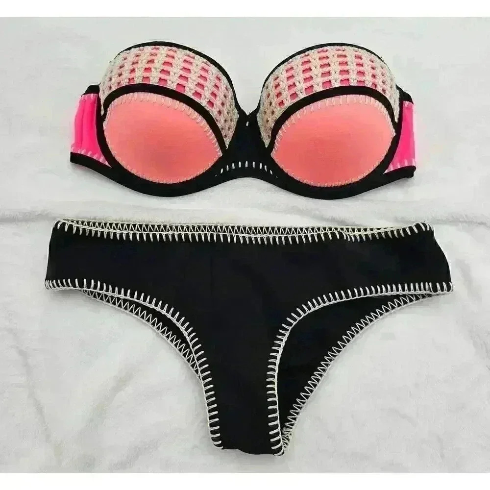 Victoria's Secret Women's Size S/34D Pink and Black Strapless Knit Detail Bikini